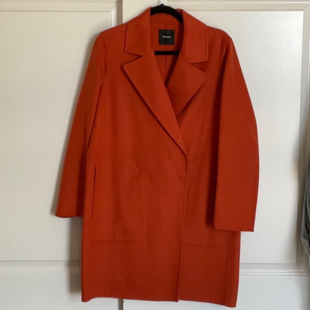 THEORY BOY COAT women’s color Burn Orange Trench Coat LUXE NEW DIVINE size M - Picture 3 of 16